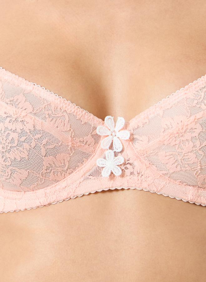 تايك تو طقم لانجري حمالة صدر شبكية بأزهار وأسلاك مع كيلوت ثونج - Image 3